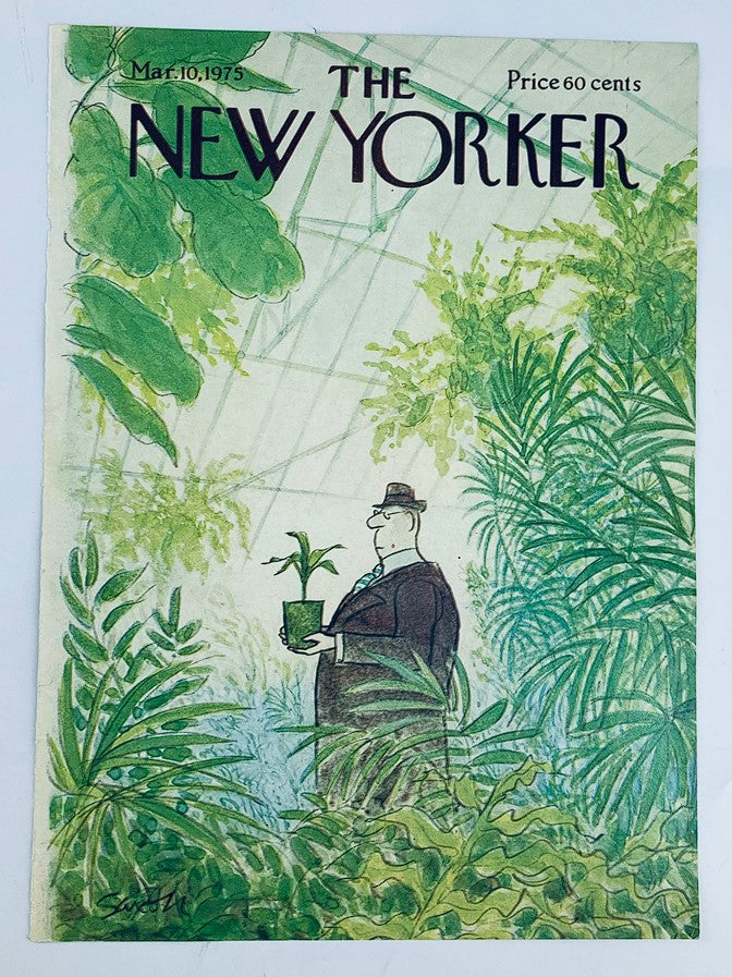The New Yorker Cover March 10 1975 depicting a charming greenhouse scene with a man in formal attire holding a potted plant among dense greenery, illustrated by Charles Saxon.