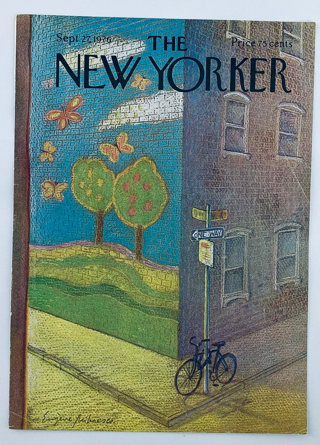 The New Yorker cover from September 27, 1976, highlighting the artistic piece 'Corner Street' by Eugene Mihaesco, depicting a colorful street corner with trees and a bike.