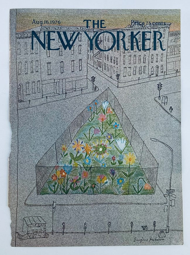 The New Yorker August 16 1976 Triangle Garden by Eugene Mihaesco, showcasing an artistic depiction of a triangular garden filled with flowers, set amid urban architecture.