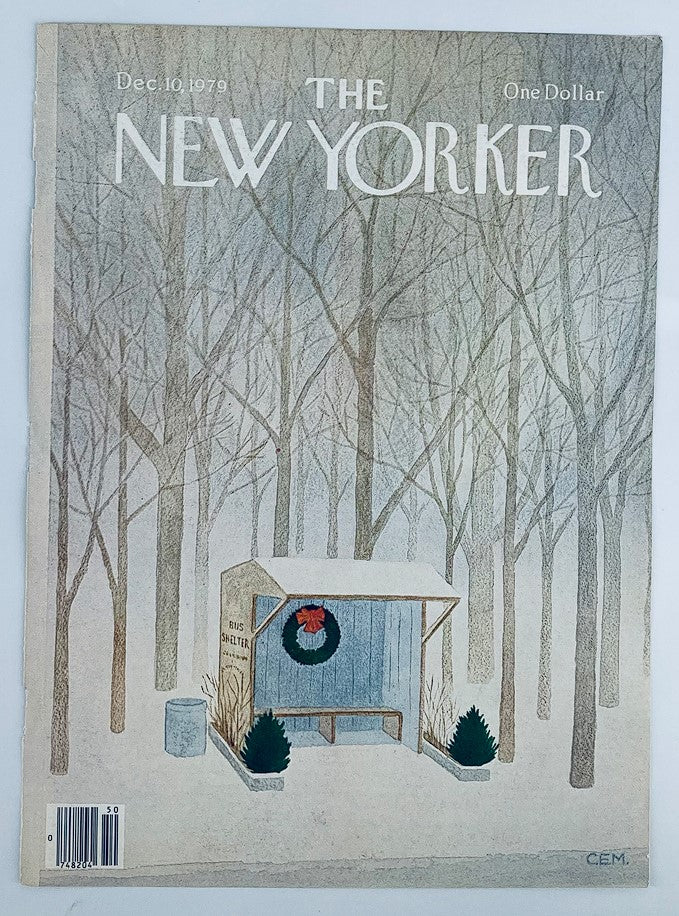 Cover of The New Yorker dated December 10 1979 showcasing a bus shelter surrounded by bare trees, designed by Charles E. Martin.