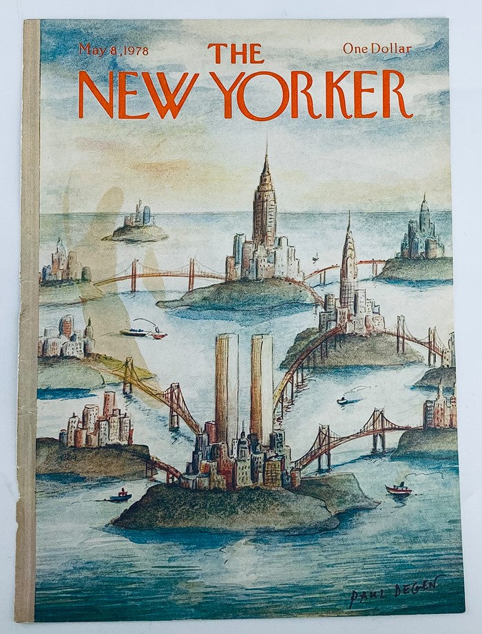 COVER ONLY The New Yorker May 8 1978 by Paul Degen, depicting Manhattan Island with detailed artwork of bridges and buildings, reflecting the essence of New York.