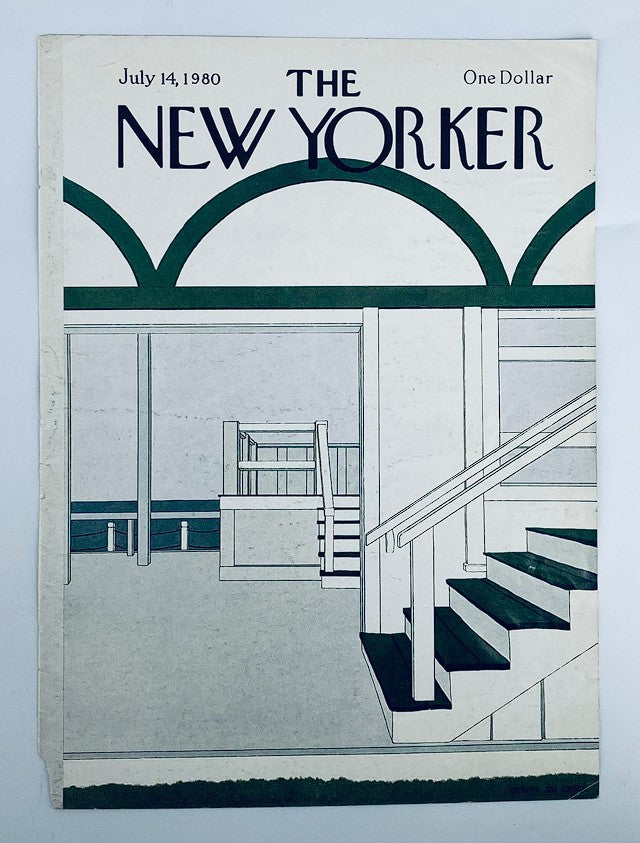 Cover only of The New Yorker magazine, July 14, 1980, featuring the illustration 'The Stairs' by Gretchen Simpson, showcasing a modern interior design with stairs and large windows.