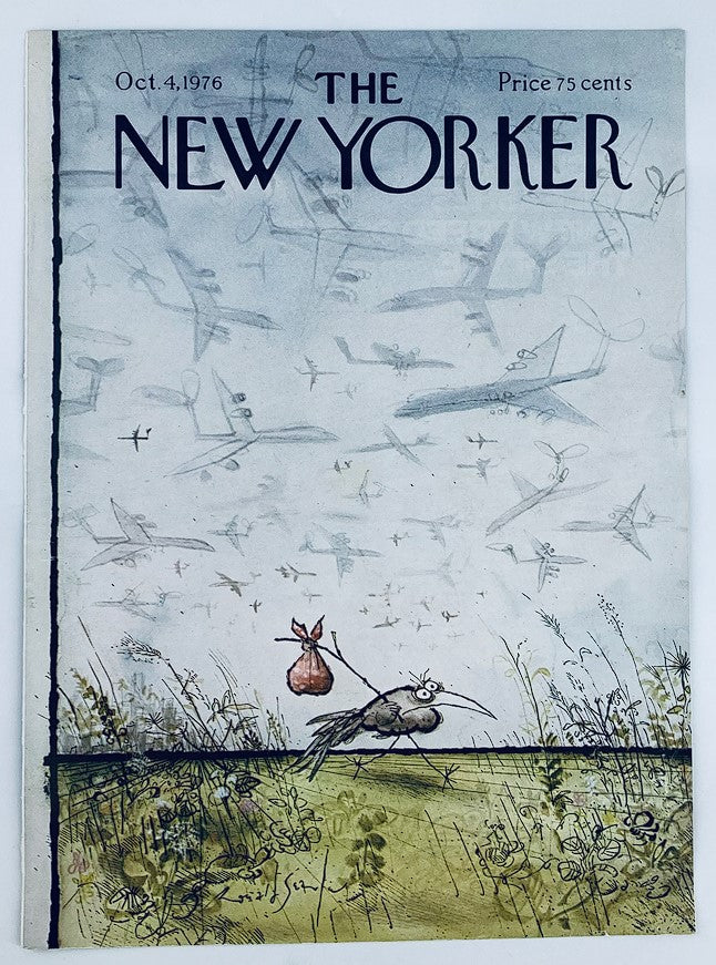 Cover only version of The New Yorker, dated October 4, 1976, illustrating 'Stow Away' by Ronald Searle, featuring a unique character and a sky filled with airplane illustrations.
