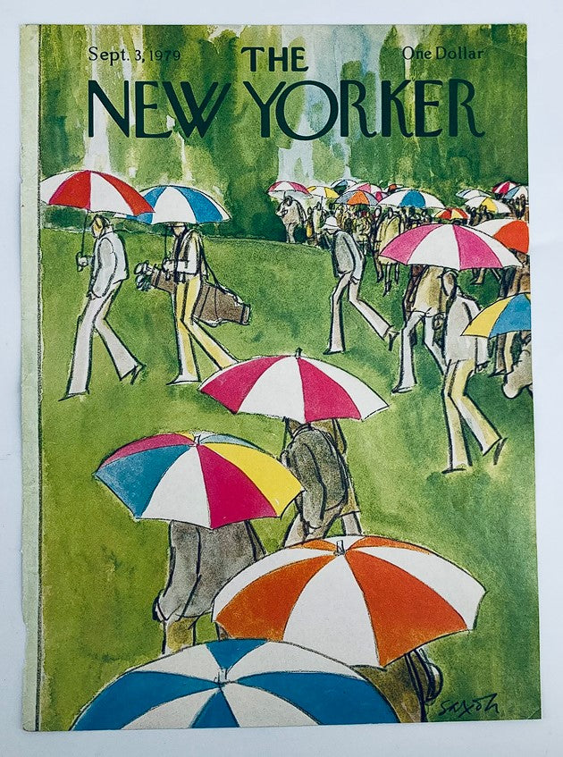 COVER ONLY The New Yorker September 3 1979 Umbrellas by Charles Saxon, showcasing an artistic depiction of individuals with colorful umbrellas in a park-like landscape.
