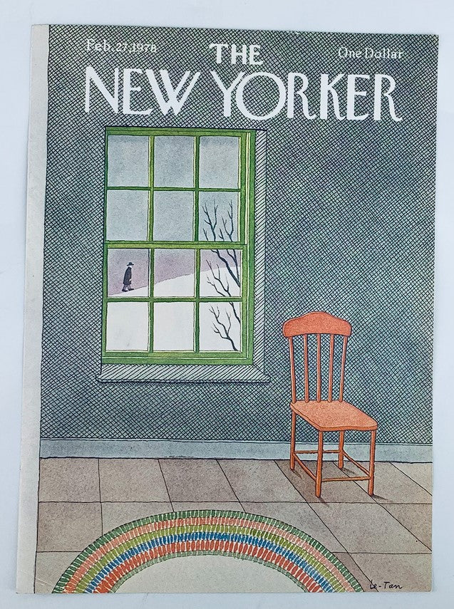 Front cover of The New Yorker, February 27, 1978 edition, showcasing Pierre Le-Tan's artwork 'Through The Window', illustrating an empty room with an orange chair, vibrant rug, and a snowy outdoor scene viewed through a green window.