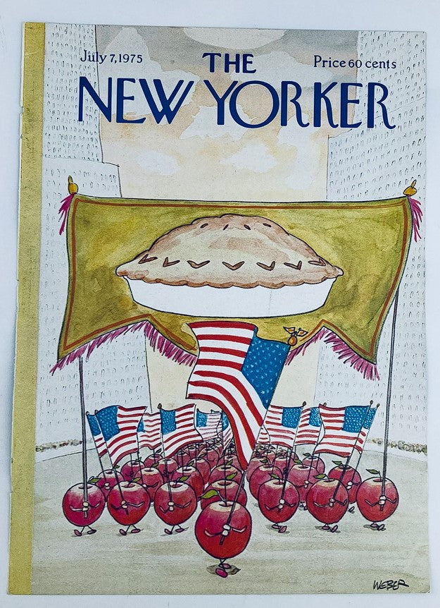 COVER ONLY The New Yorker July 7 1975 Pie of July by Chris Weber, showcasing an iconic cover with a large pie and cherry character parade with flags.