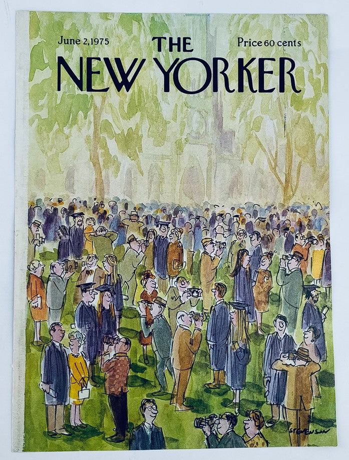 The New Yorker cover dated June 2, 1975, featuring 'Graduation Day' by James Stevenson, showcasing a vibrant scene of graduates and guests at a celebratory event with lush greenery.