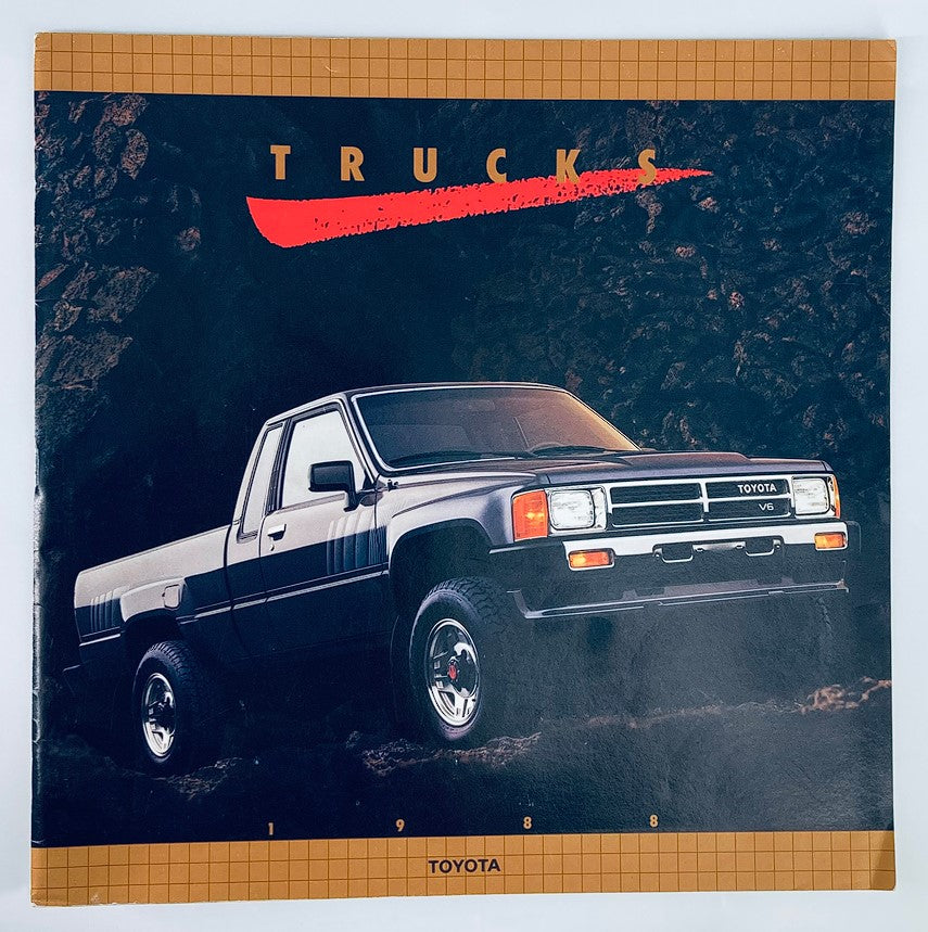 Cover of the 1988 Toyota Trucks Dealer Showroom Sales Brochure, featuring a classic Toyota truck with a black exterior and rugged styling, showcasing vintage automotive design and highlighting the year 1988.
