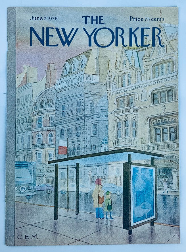 The New Yorker Cover June 7 1976 displaying 'Bus Shed' artwork by Charles E. Martin, depicting a vibrant cityscape with a bus shelter, two individuals standing at the stop, framed by historical architecture.