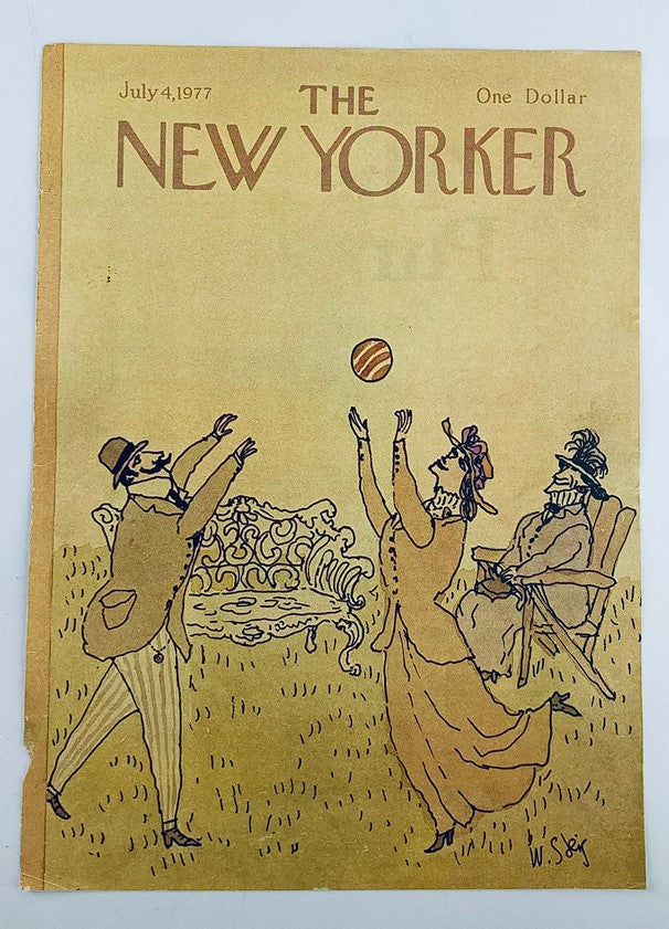 Cover of The New Yorker July 4 1977, titled 'Out on the Field', featuring an illustration by William Steig of people enjoying an outdoor gathering with a ball.