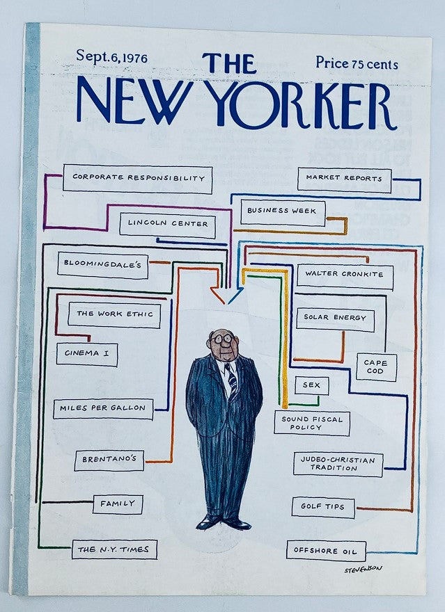 COVER ONLY The New Yorker September 6 1976 displaying flow charts by James Stevenson, which includes whimsical elements and labels, highlighting subjects such as family, work ethic, and Cape Cod.