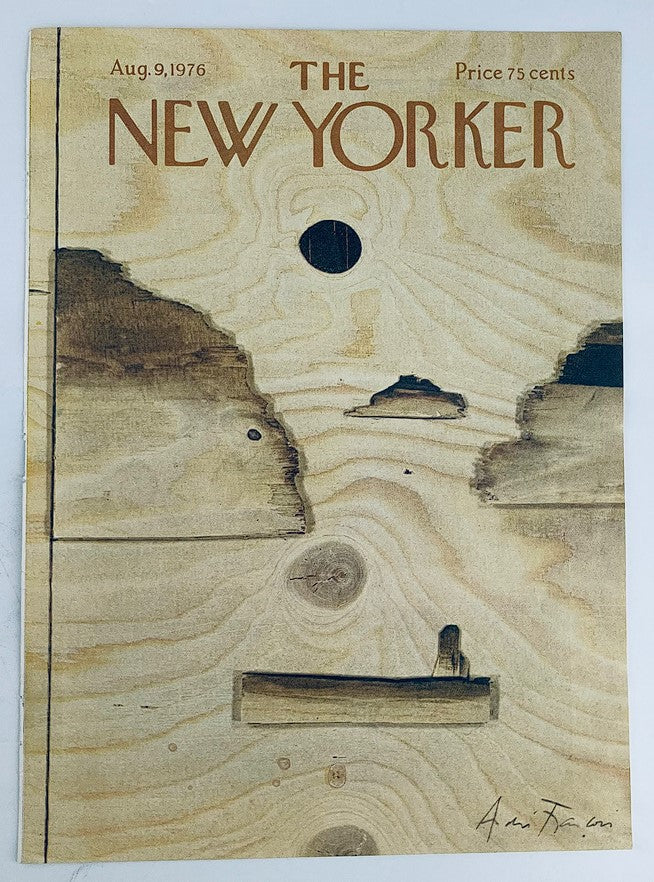 Front view of The New Yorker cover dated August 9, 1976 featuring 'Log Holes' artwork by Andrei Francois, emphasizing natural themes and creative design.