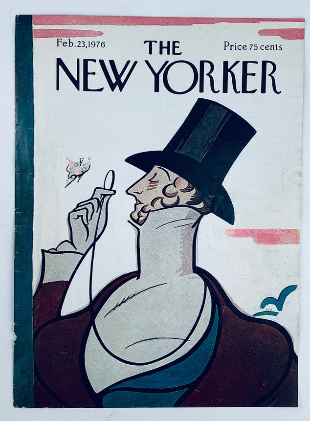 COVER ONLY The New Yorker February 23 1976 Gamemaster Tilley by Rea Irvin, showcasing a gentleman in a top hat with a prominent collar, crafted in a colorful artistic style.