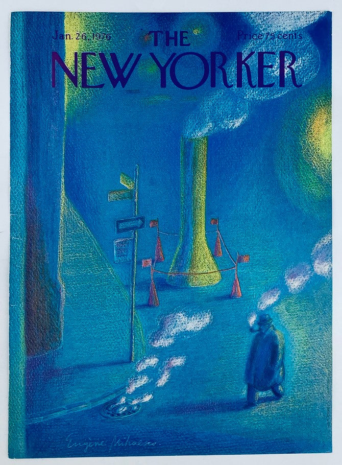 Cover of The New Yorker dated January 26, 1976, illustrated by Eugene Mihaesco, featuring a blue and yellow cityscape with a figure in a coat amidst swirling smoke and flags.