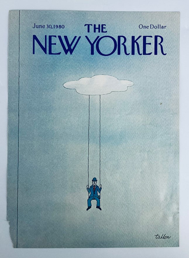 Cover of The New Yorker June 30, 1980 showing the art piece 'Cloud Swing' by Robert Tallon, illustrating a whimsical scene of a man in a blue suit swinging from a cloud.