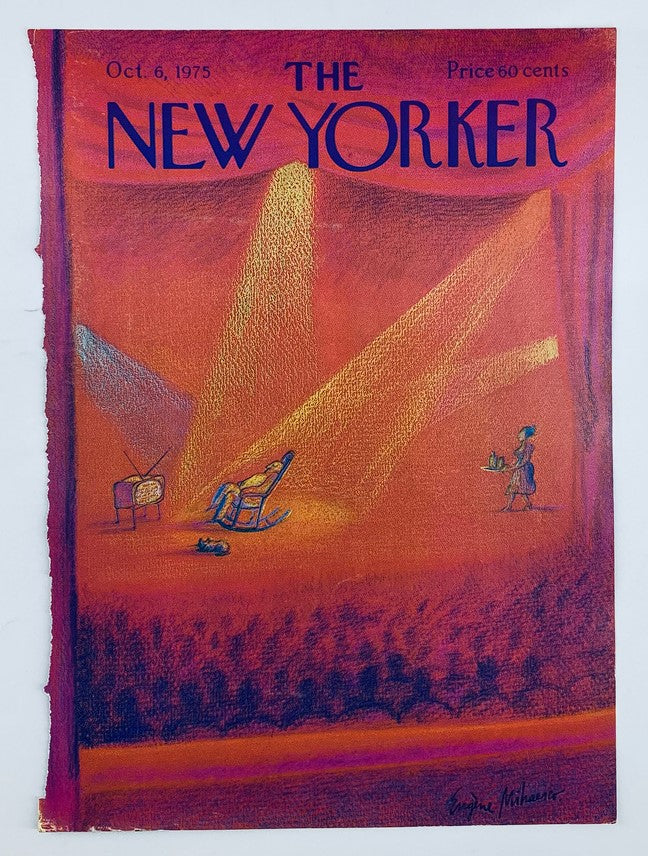 Cover Only The New Yorker October 6, 1975, featuring a Broadway show illustration by Eugene Mihaesco, showcasing vibrant colors and artistic elements.