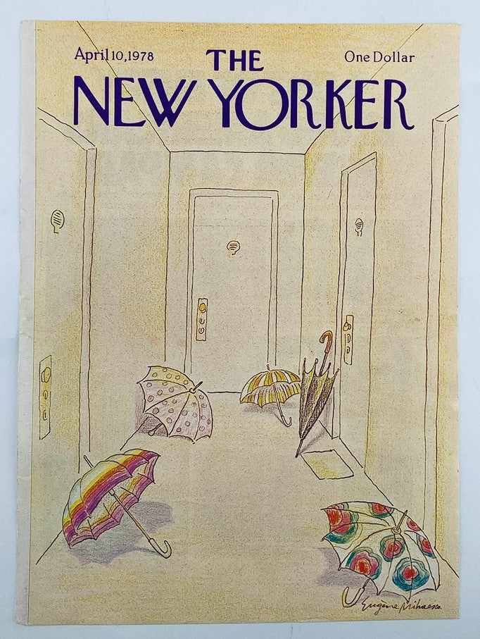 COVER ONLY The New Yorker April 10 1978 Umbrellas by Eugene Miahesco featuring a whimsical illustration of umbrellas in a hallway.