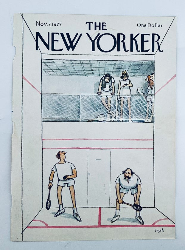 Cover of The New Yorker from November 7, 1977, showcasing Playball illustration by Charles Saxon, illustrating a squash scene with players and onlookers.