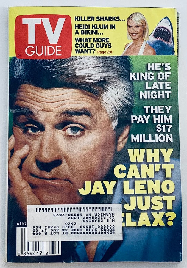 TV Guide Magazine cover from August 9, 2003 featuring Heidi Klum and Jay Leno. The cover headline reads 'He's King of Late Night', alongside a mention of Jay Leno's salary and a promotional note about shark attacks, encapsulating early 2000s entertainment culture.