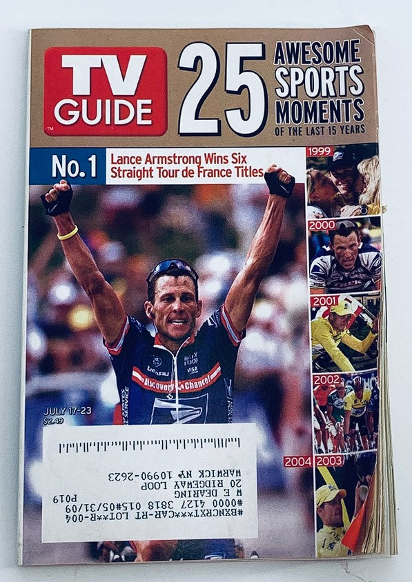 TV Guide Magazine July 17 2005 featuring Lance Armstrong celebrating his six straight Tour de France titles. This collectible magazine captures an iconic moment in sports history.