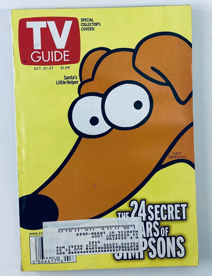 TV Guide Magazine October 21 2000 featuring Santa's Little Helper on the cover, showcasing colorful artwork and a nostalgic design that captures the essence of television history.