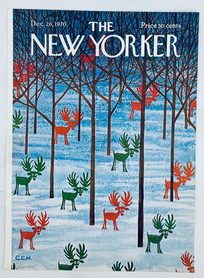 The New Yorker magazine cover from December 26, 1970, showcasing colorful reindeers in festive colors, designed by Charles Martin.