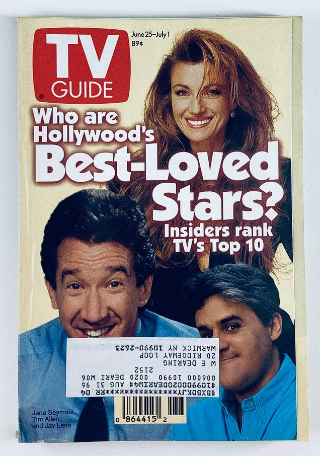 TV Guide Magazine from June 25, 1994 featuring cover stars Tim Allen, Jane Seymour, and Jay Leno. The cover asks, 'Who are Hollywood's Best-Loved Stars?' showcasing a nostalgic piece of entertainment history.
