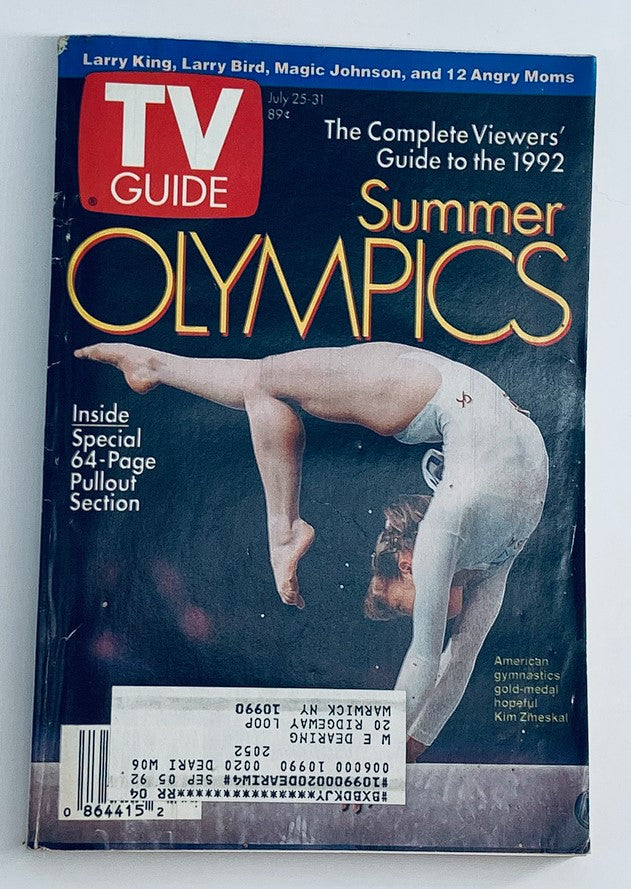 Cover of TV Guide Magazine from July 25, 1992, featuring Olympic gymnast Kim Zmeskal. The magazine highlights the Summer Olympics and includes a special pullout section on the pivotal event.