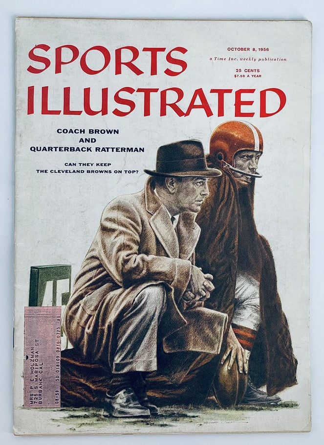 Cover of Sports Illustrated Magazine from October 8, 1956 featuring Coach Brown and quarterback Ratterman, highlighting American football history.
