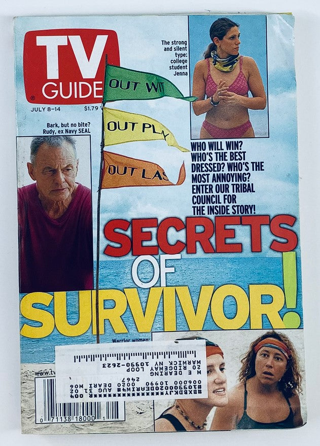 TV Guide Magazine cover from July 8, 2000, featuring Rudy Boesch, Susan Hawk, and Jenna Lewis. Highlights the reality TV phenomenon with bold text reading 'Secrets of Survivor!'.