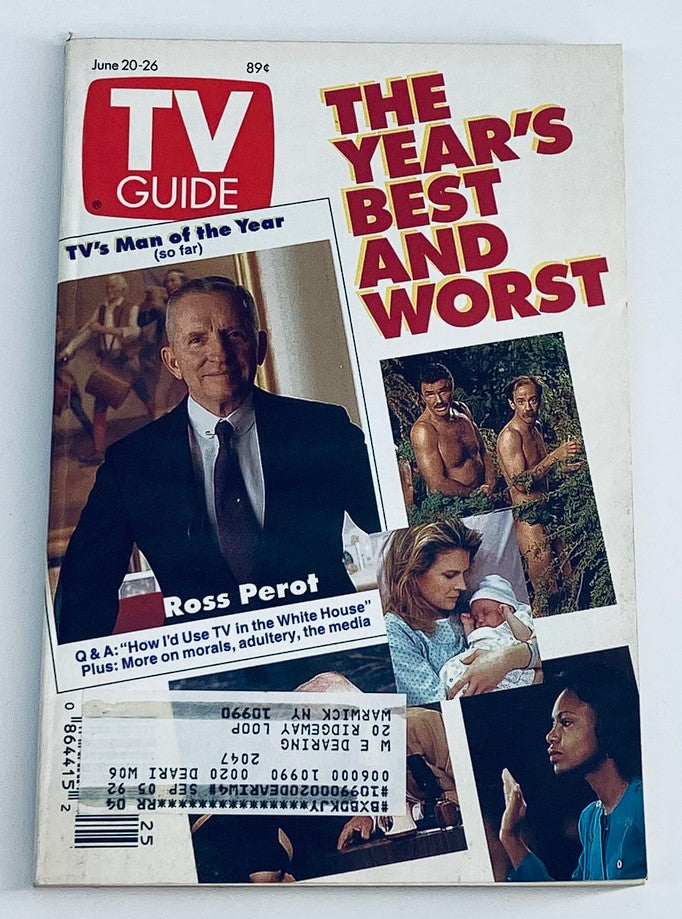 TV Guide Magazine June 20 1992 featuring Candice Bergen and Johnny Carson, showcasing classic television culture with a cover theme of 'The Year's Best and Worst', highlights of popular shows, and a prominent feature on Ross Perot.