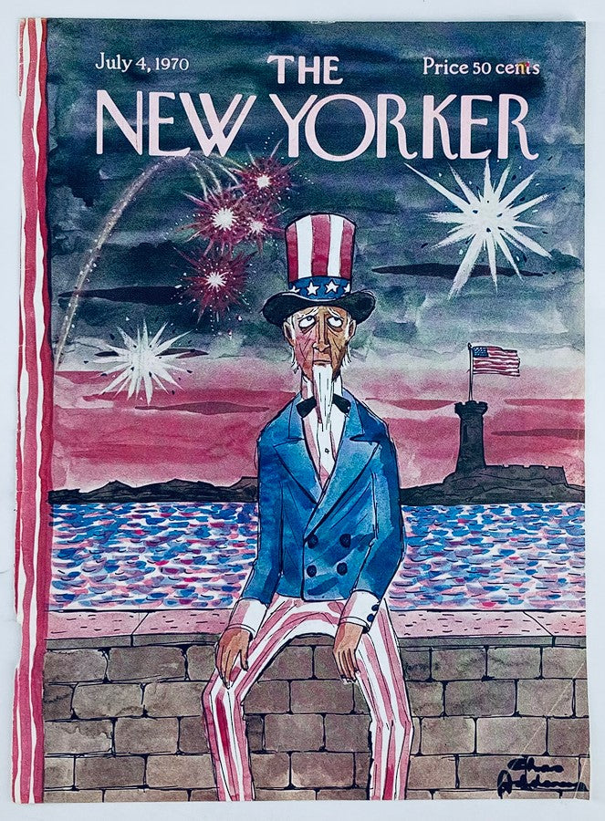 Cover art of The New Yorker July 4 1970 titled 'Uncle Sam's July' by Chas Addams, showcasing Uncle Sam with fireworks and the Statue of Liberty in the backdrop.