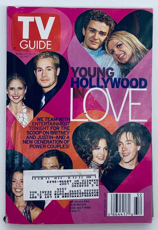 TV Guide Magazine August 11 2001 featuring Katie Holmes and Chris Klein on the cover, showcasing the theme 'Young Hollywood in Love' with other notable stars from the early 2000s.