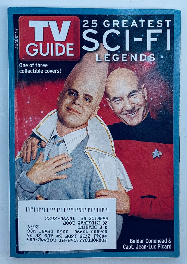 TV Guide Magazine August 1 2004 cover featuring iconic characters Beldar Conehead and Captain Jean-Luc Picard, highlighting the 25 Greatest Sci-Fi Legends.