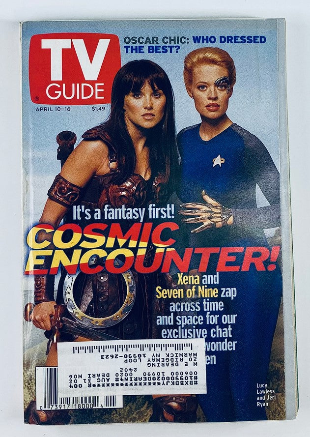 Cover of TV Guide Magazine April 10, 1999 featuring Lucy Lawless as Xena and Jeri Ryan as Seven of Nine, highlighting a cosmic encounter theme and reflecting the popular sci-fi era.