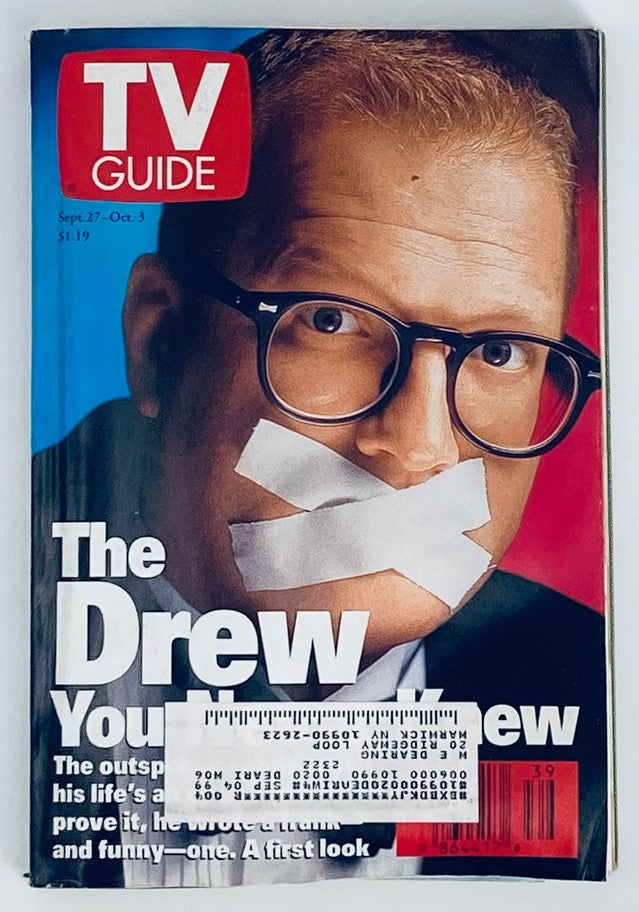 Cover of TV Guide Magazine from September 27, 1997, featuring 'The Drew Carey You Never Knew', showcasing Drew Carey with tape over his mouth, highlighting a unique insight into his comedic personality.