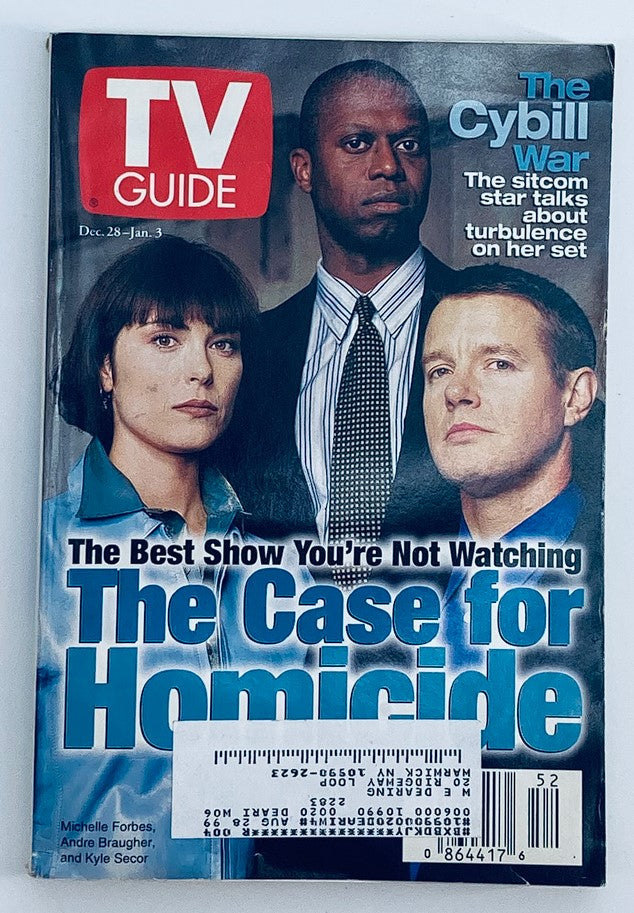TV Guide Magazine cover from December 28, 1996 featuring Andre Braugher, Michelle Forbes, and Kyle Secor. The headline reads 'The Best Show You're Not Watching - The Case for Homicide,' making it a significant collectible for fans of vintage TV publications.