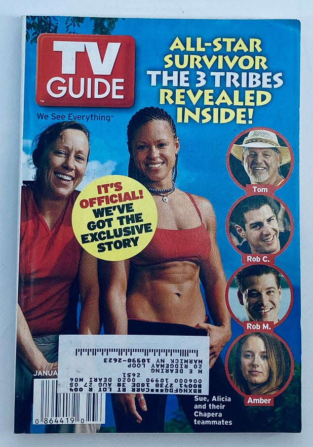 TV Guide Magazine January 17, 2004 featuring Amber Brkich and Tom Buchanan on the cover, highlighting an exclusive story about Survivor and the three tribes. This vintage magazine captures the essence of early 2000s reality TV.