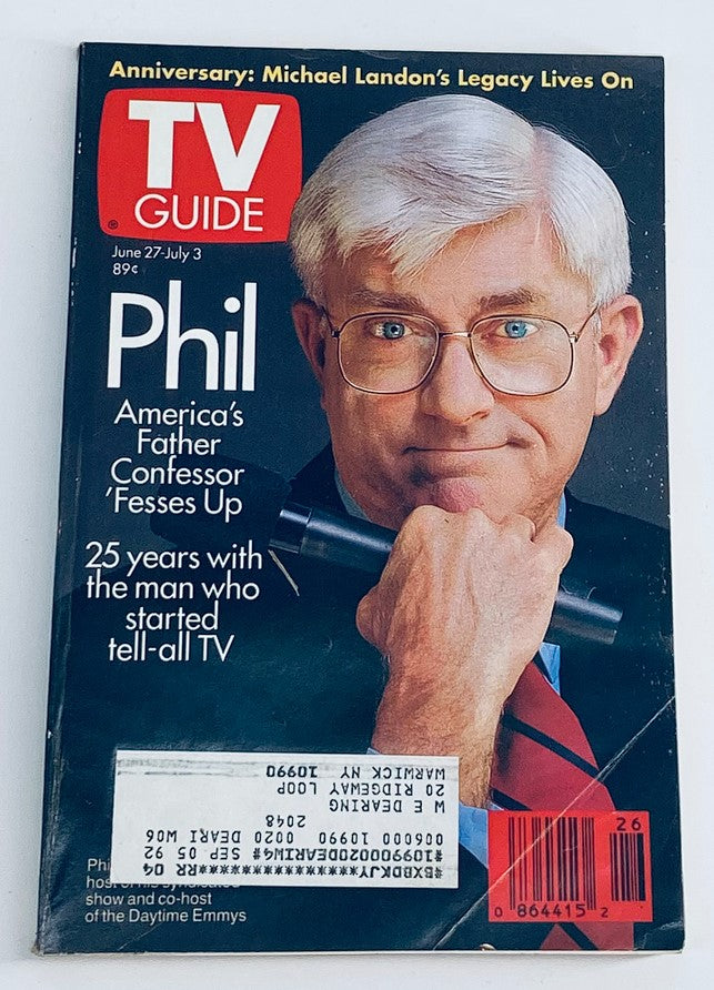TV Guide Magazine cover from June 27, 1992 featuring Phil Donahue, titled 'America's Father Confessor Fesses Up', celebrating 25 years with the influential talk show host.