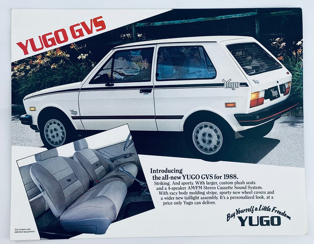 1988 Yugo GVS Dealer Showroom Sales Brochure featuring the Yugo GVS car model with exterior view and interior seating layout details.
