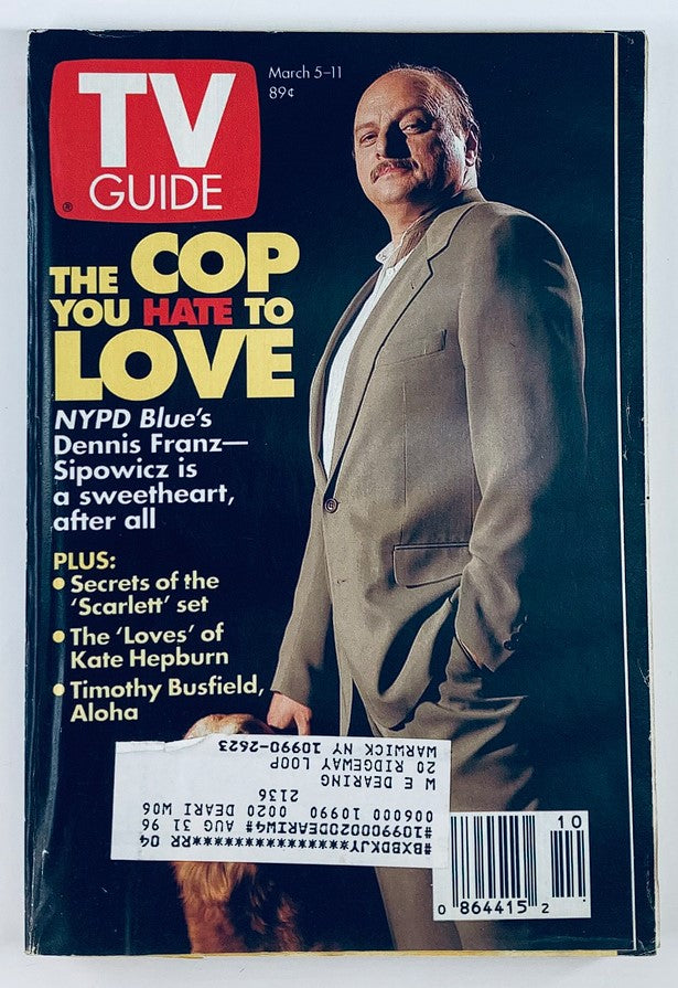 Cover of TV Guide Magazine, March 5, 1994, featuring Dennis Franz with the headline 'THE COP YOU HATE TO LOVE' highlighting his role in NYPD Blue. The issue showcases additional articles about television shows from the 90s.