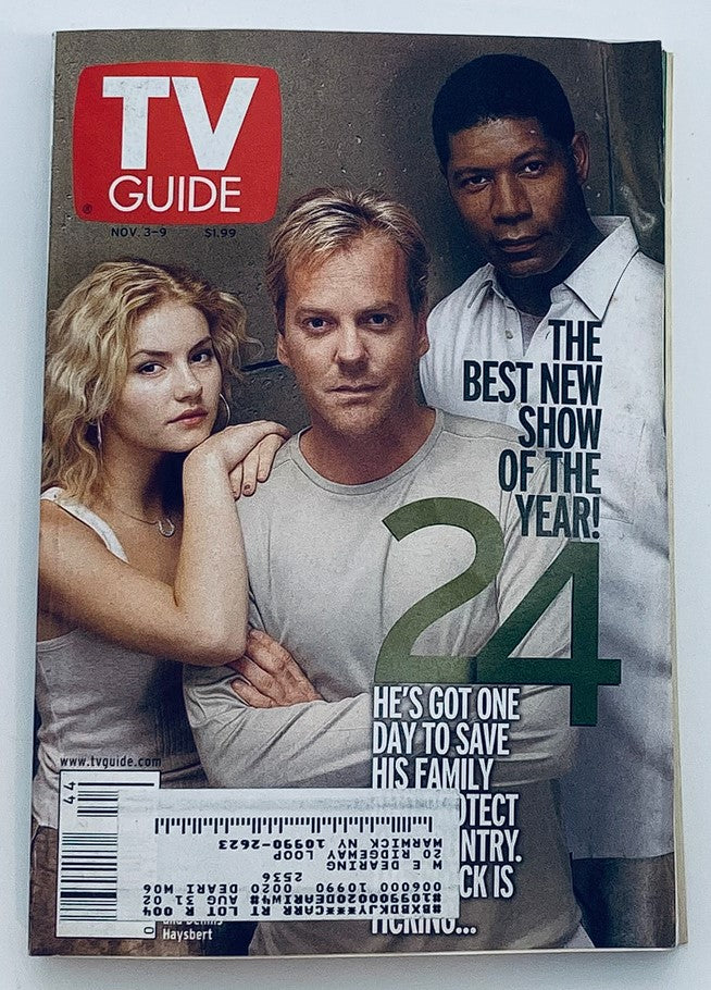 Cover of TV Guide Magazine from November 3, 2001, featuring Elisha Cuthbert, Kiefer Sutherland, and Dennis Haysbert, highlighting the best new show of the year, '24.'
