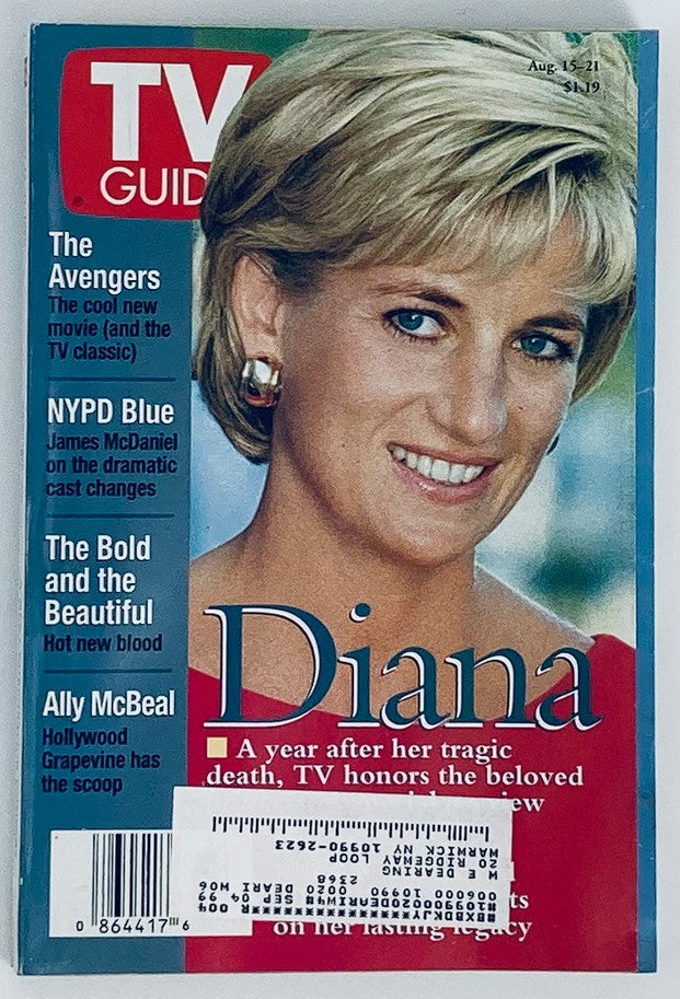 TV Guide Magazine August 15 1998 featuring Diana Spencer, Princess of Wales on the cover, highlighting her legacy and the entertainment landscape in the late 1990s.