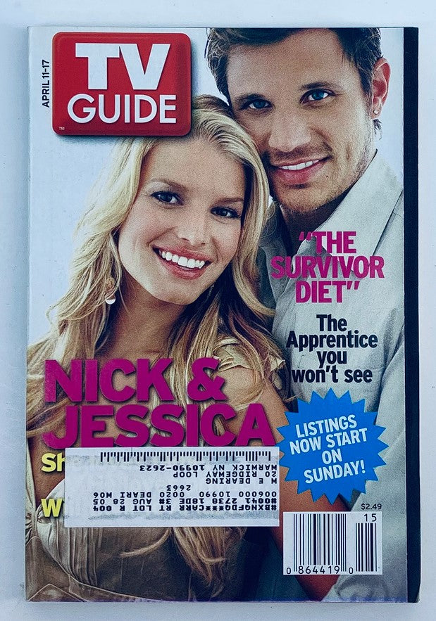 TV Guide Magazine cover from April 11, 2004, featuring Nick Lachey and Jessica Simpson. The iconic couple is prominently displayed, highlighting their connection during the early 2000s pop culture era. The magazine showcases features like 'The Survivor Diet' and 'The Apprentice you won't see,' making it a valuable collectible for fans of vintage entertainment.