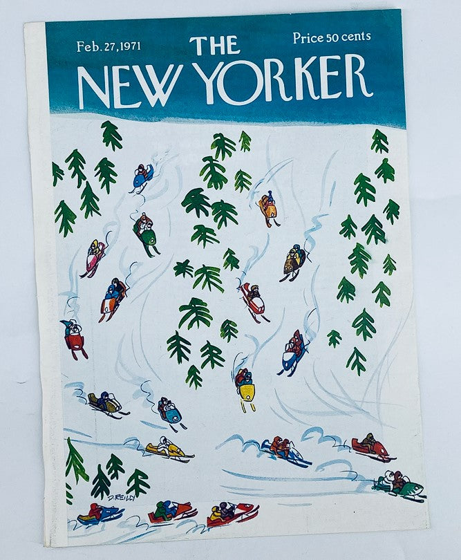 Cover of The New Yorker dated February 27, 1971, featuring a whimsical illustration of snowmobiles by Donald Reilly, filled with action and vibrant colors against a snowy backdrop.