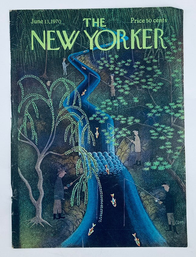 Cover image of The New Yorker dated June 13, 1970, showcasing a tranquil landscape with fishermen along a winding river, surrounded by dense foliage and colorful fish.