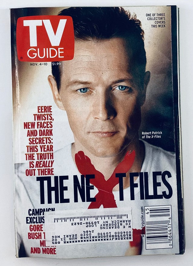 TV Guide Magazine November 4 2000 featuring Robert Patrick on the cover, promoting The X-Files, showcasing a classic illustration of early 2000s television culture.