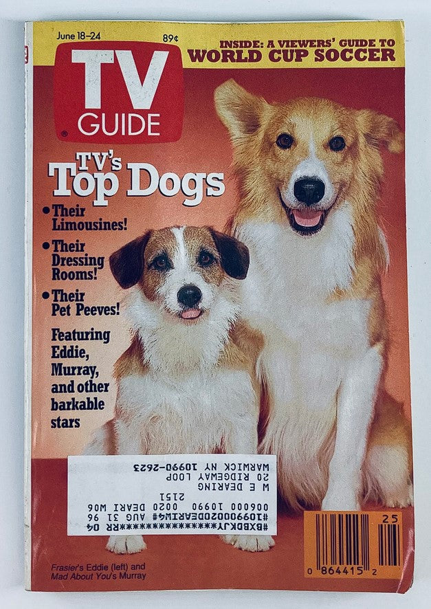 TV Guide Magazine cover from June 18, 1994, featuring TV's Top Dogs, Maui & Moose, showcasing their charming presence along with the text about their limousines, dressing rooms, and pet peeves.