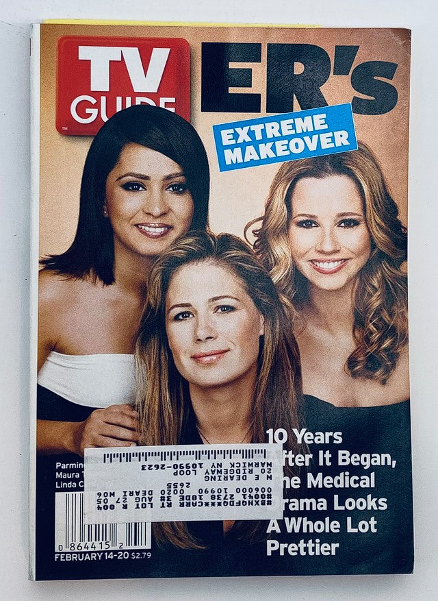 TV Guide Magazine cover from February 14, 2004 featuring Linda Cardellini and Maura Tierney highlighting the ER's 'Extreme Makeover' theme, signifying a pivotal moment in television history.