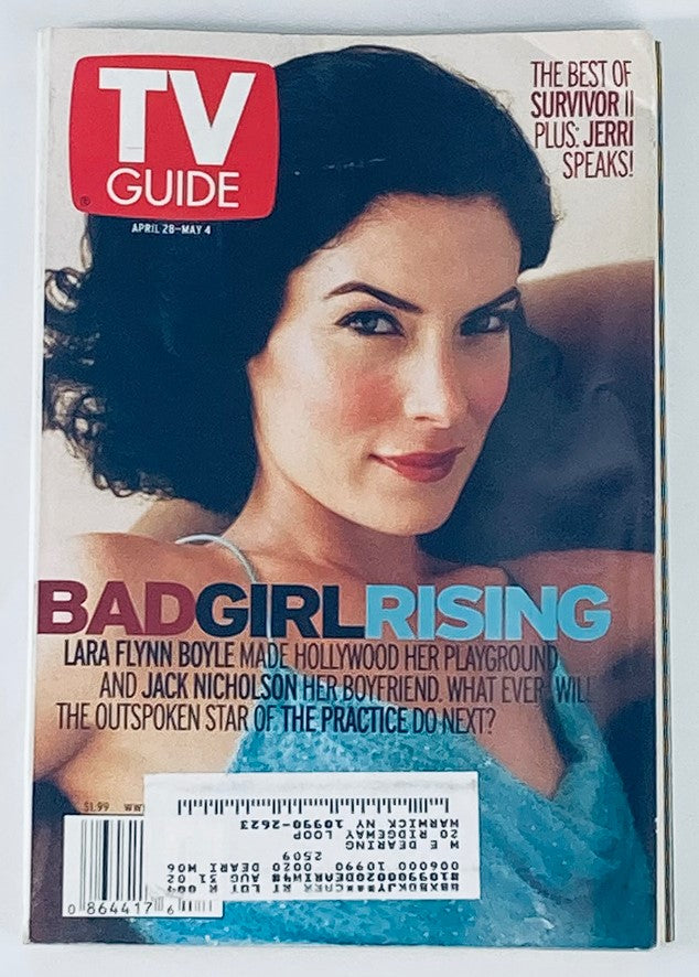 Cover of TV Guide Magazine dated April 28, 2001, featuring actress Lara Flynn Boyle, highlighting the issue's theme 'Bad Girl Rising'. The magazine showcases vintage television culture and entertainment from the early 2000s.
